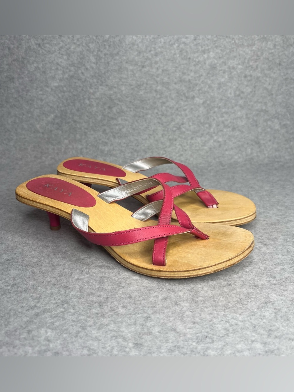 Kaya Calypso Strappy Leather Wooden Kitten Heel Sandals Pink Size 7.5 Y2K VTG